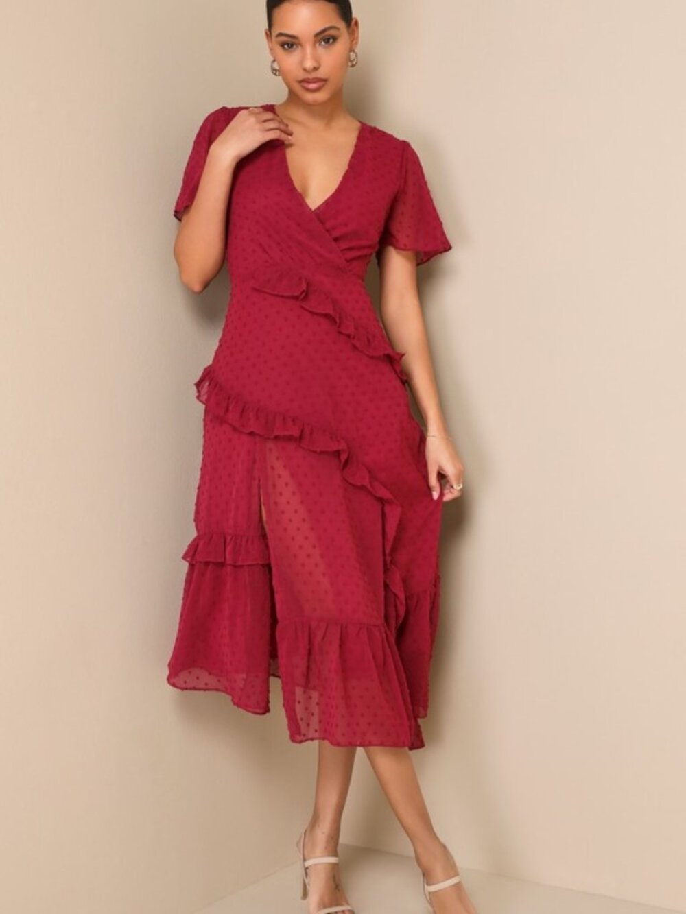 Lulus Next To You Plum Swiss Dot Ruffled Midi Dress Red - Size XL